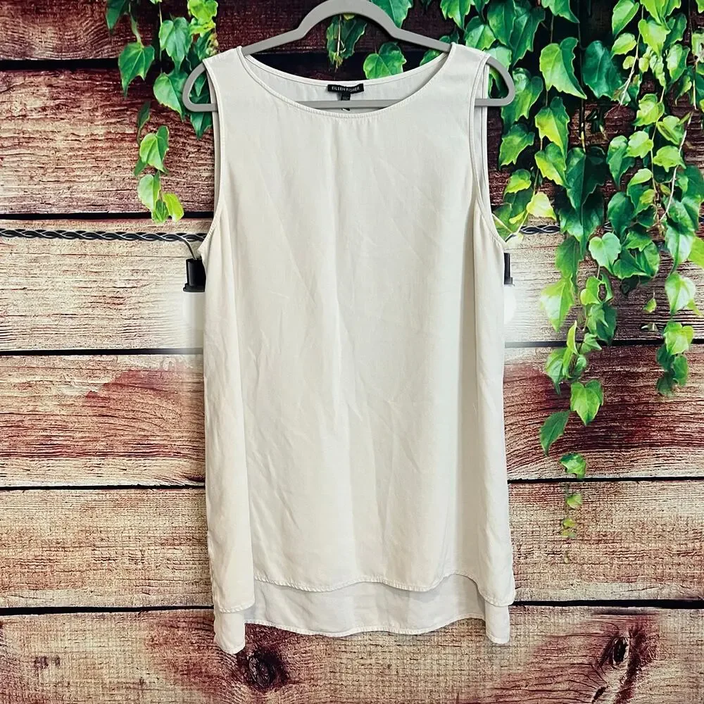 Eileen Fisher Silk Georgette Tank Top Large Crepe Bateau Neck Ivory Blouse Shirt